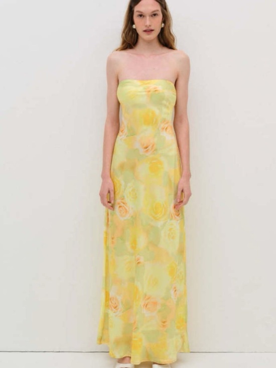 For Love And Lemons Dresses & Skirts - For Love and Lemons Strapless Yellow Floral Satin Maxi Dress